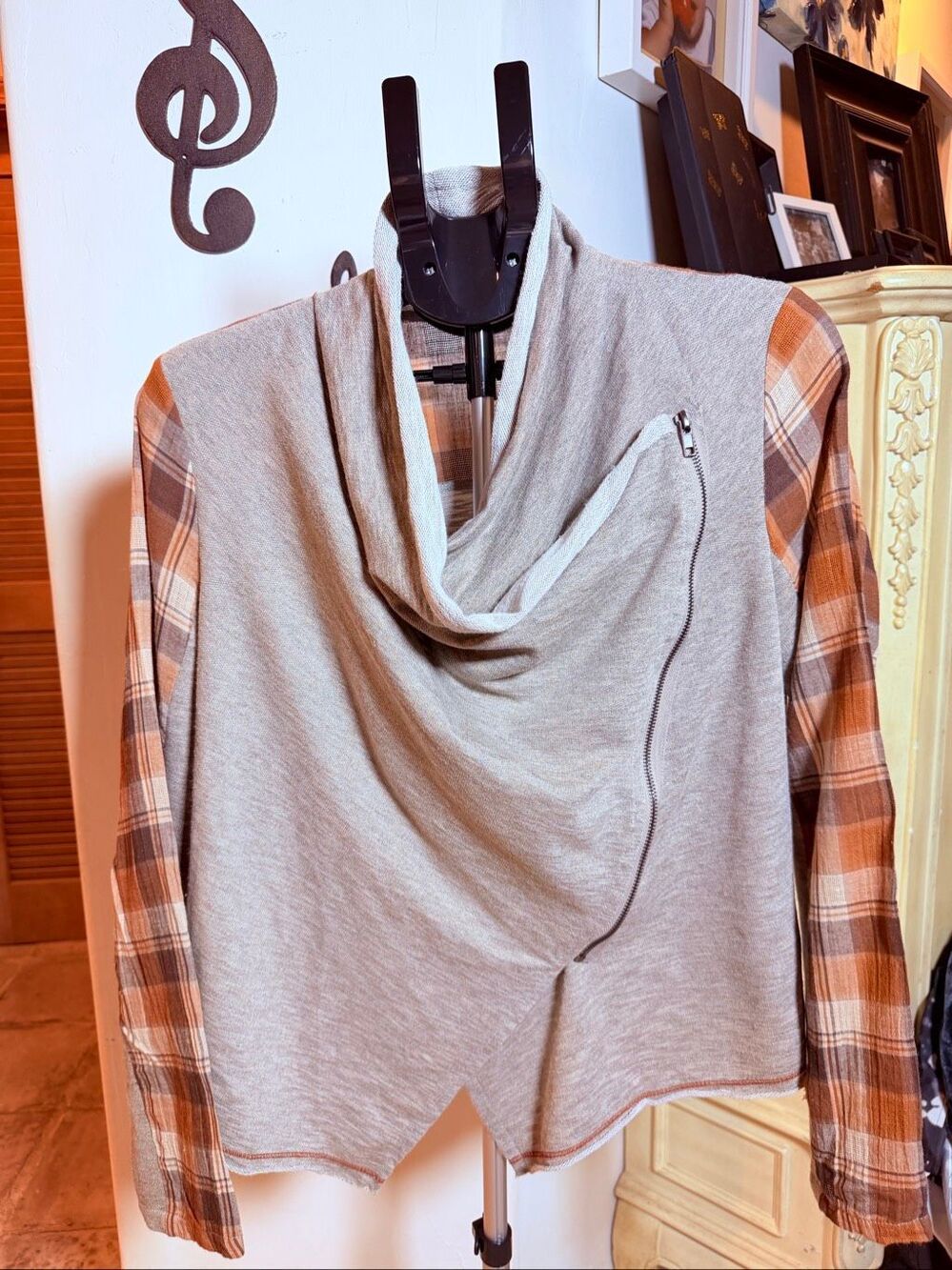Hem & Thread cal neck plaid mixed media asymmetrical zip top
